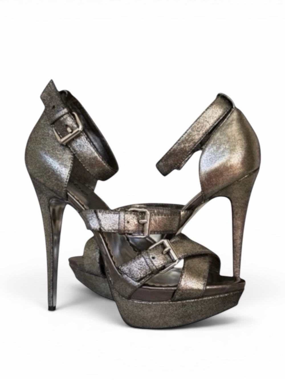 Bebe Metallic Dark Grey Strappy Platform Stiletto Heel Leather Sandals Size 9.5